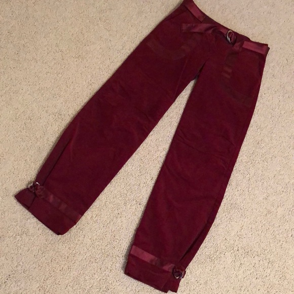 Bebe Burgundy wine corduroy pants silk belt - Picture 2 of 8